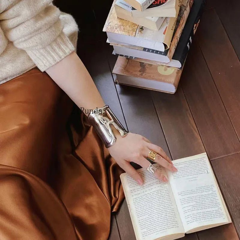 Exaggerated Irregular Wide Edge Bracelet Women's Silver Long Arm Bracelet - BeeBeeBuys