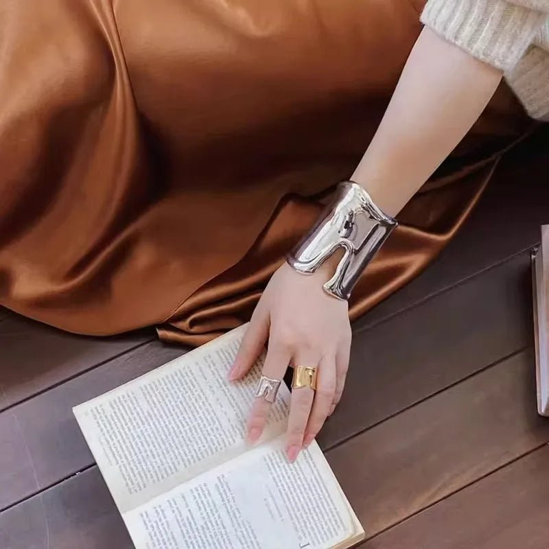 Exaggerated Irregular Wide Edge Bracelet Women's Silver Long Arm Bracelet - BeeBeeBuys