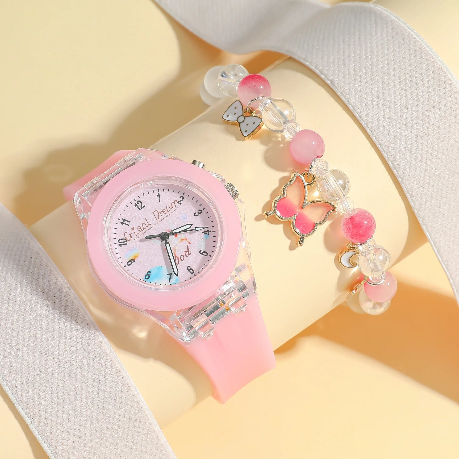 Fashion Butterfly Silicone Luminous Watch + Butterfly Beaded Bracelet - BeeBeeBuys