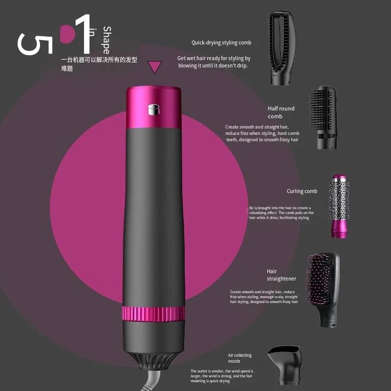 HOMEFISH 5 in 1 Hair Dryer Brush Hot Air Brush & Volumizer Styler Set with Interchangeable Brush Head Negative Ionic Blow Dryer - BeeBeeBuys