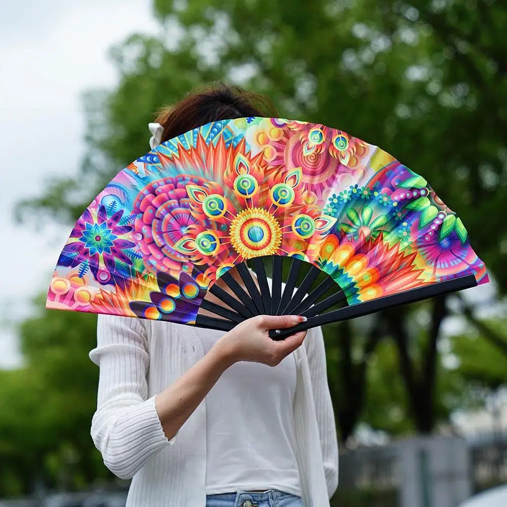 Large Folding Hand Rave Fan Gradient Colorful Reflective Foldable - BeeBeeBuys