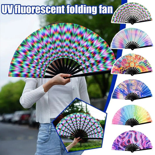 Large Folding Hand Rave Fan Gradient Colorful Reflective Foldable - BeeBeeBuys