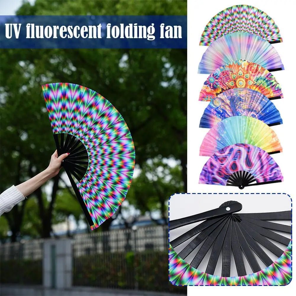 Large Folding Hand Rave Fan Gradient Colorful Reflective Foldable - BeeBeeBuys