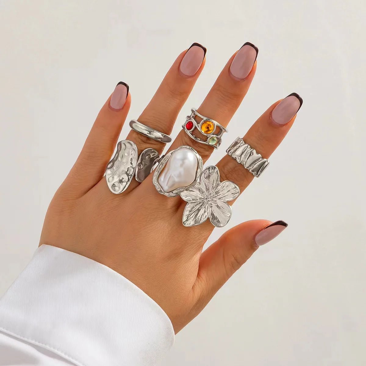 New 6PCS Punk - Style Alloy Electroplated Irregular Exaggerated Flower Ring For Women - BeeBeeBuys