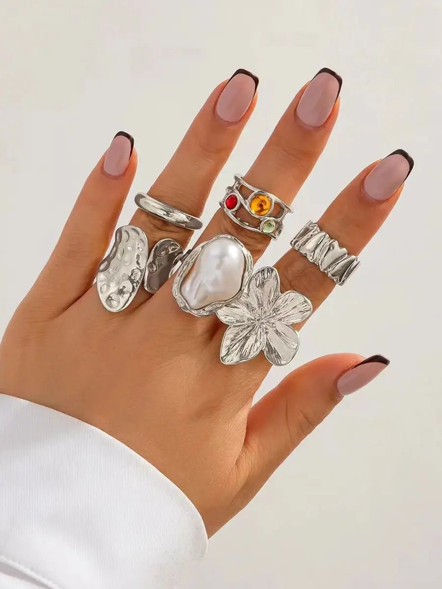 New 6PCS Punk - Style Alloy Electroplated Irregular Exaggerated Flower Ring For Women - BeeBeeBuys