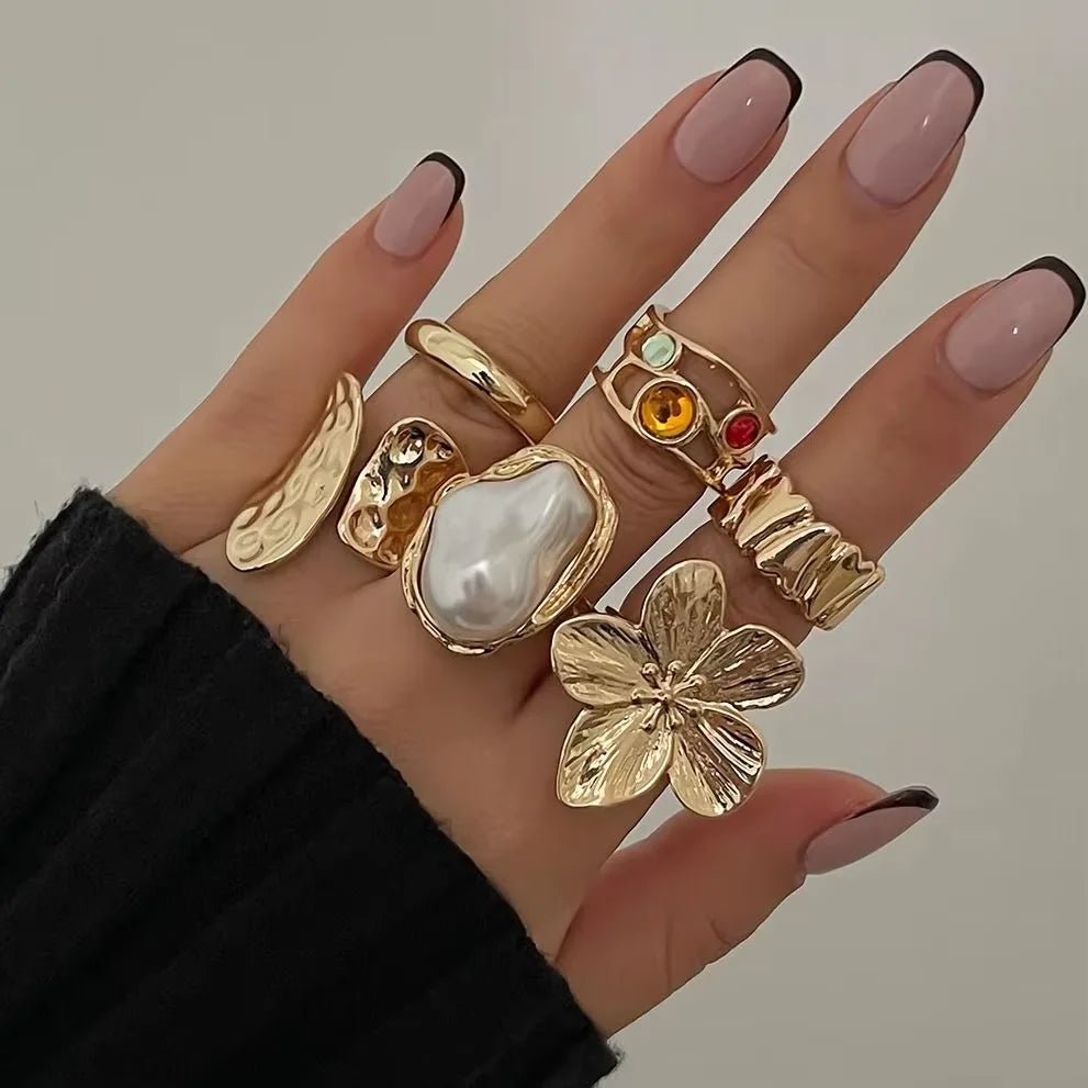 New 6PCS Punk - Style Alloy Electroplated Irregular Exaggerated Flower Ring For Women - BeeBeeBuys