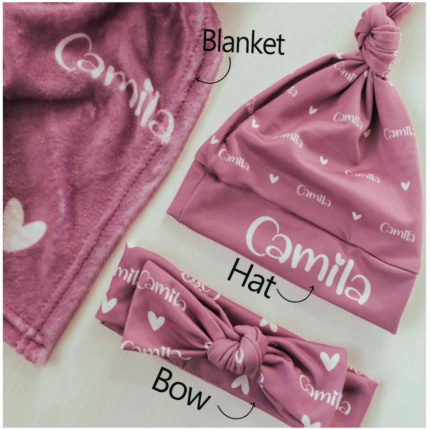 Personalized Jersey Swaddle, Baby Name Hat, bow - BeeBeeBuys