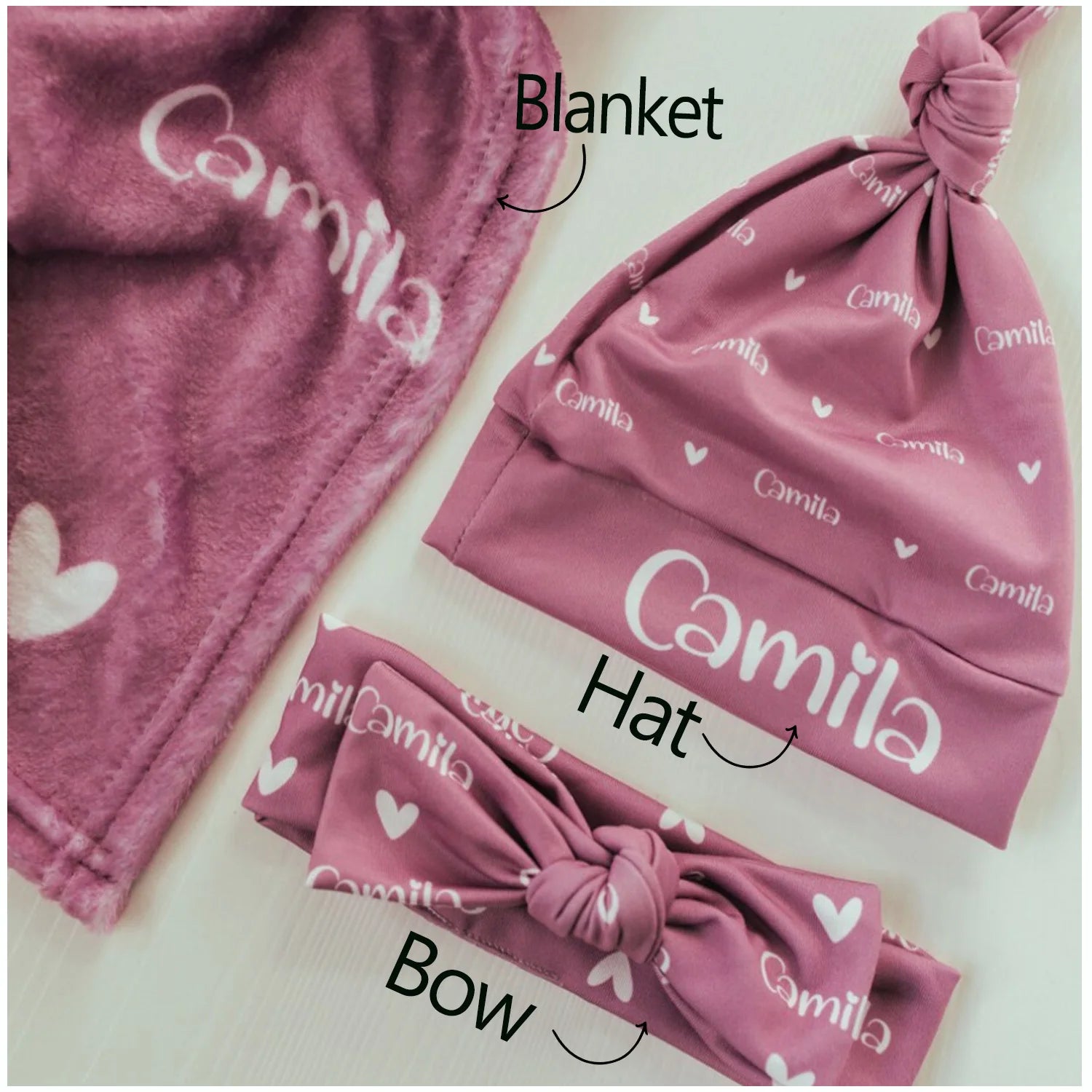 Personalized Jersey Swaddle, Baby Name Hat, bow - BeeBeeBuys