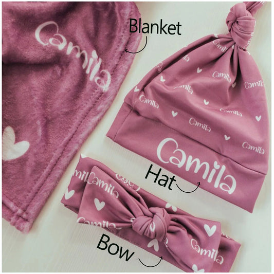 Personalized Jersey Swaddle, Baby Name Hat, bow - BeeBeeBuys