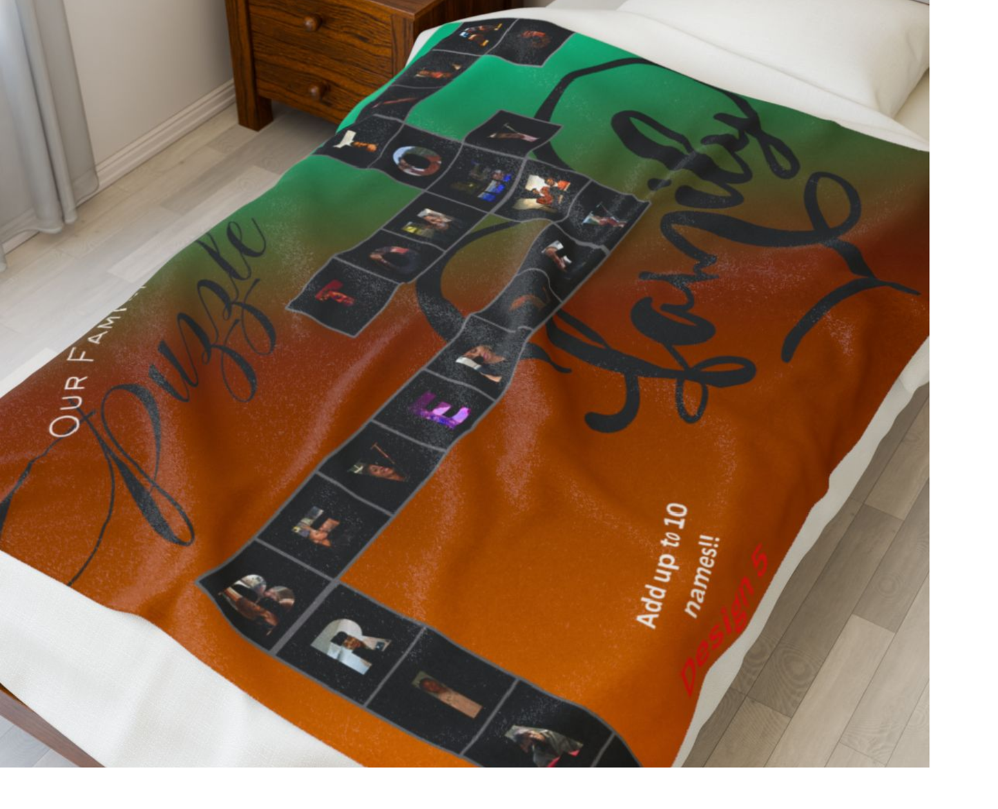 Personalized Family Puzzle Velveteen Plush Blanket — Custom Photo Letter Keepsake