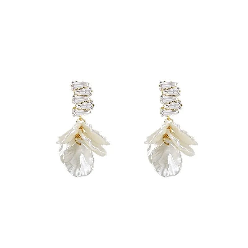 Shell Dangle Earrings White Crystal Zirconia Flower - BeeBeeBuys