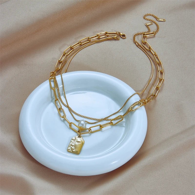 Stainless Steel 3 - Layer Pearl Square Portrait Pendant Necklace For Women - BeeBeeBuys