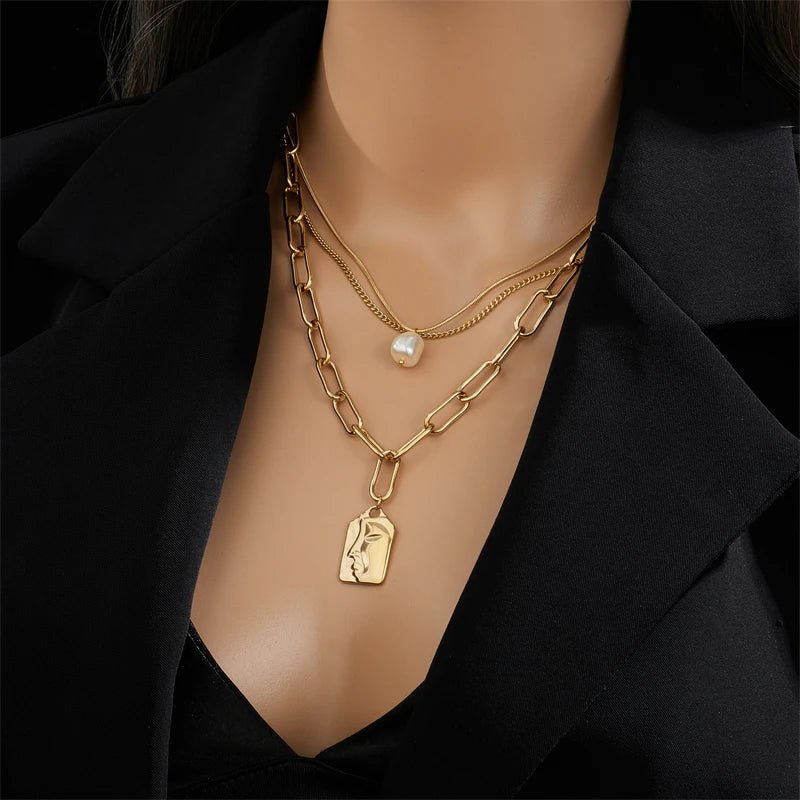 Stainless Steel 3 - Layer Pearl Square Portrait Pendant Necklace For Women - BeeBeeBuys