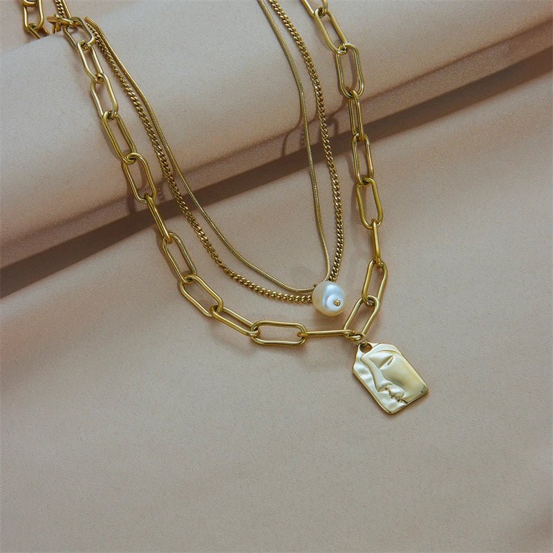 Stainless Steel 3 - Layer Pearl Square Portrait Pendant Necklace For Women - BeeBeeBuys