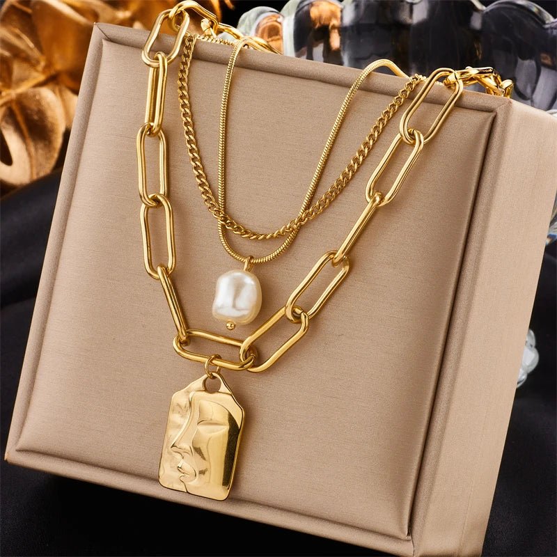 Stainless Steel 3 - Layer Pearl Square Portrait Pendant Necklace For Women - BeeBeeBuys