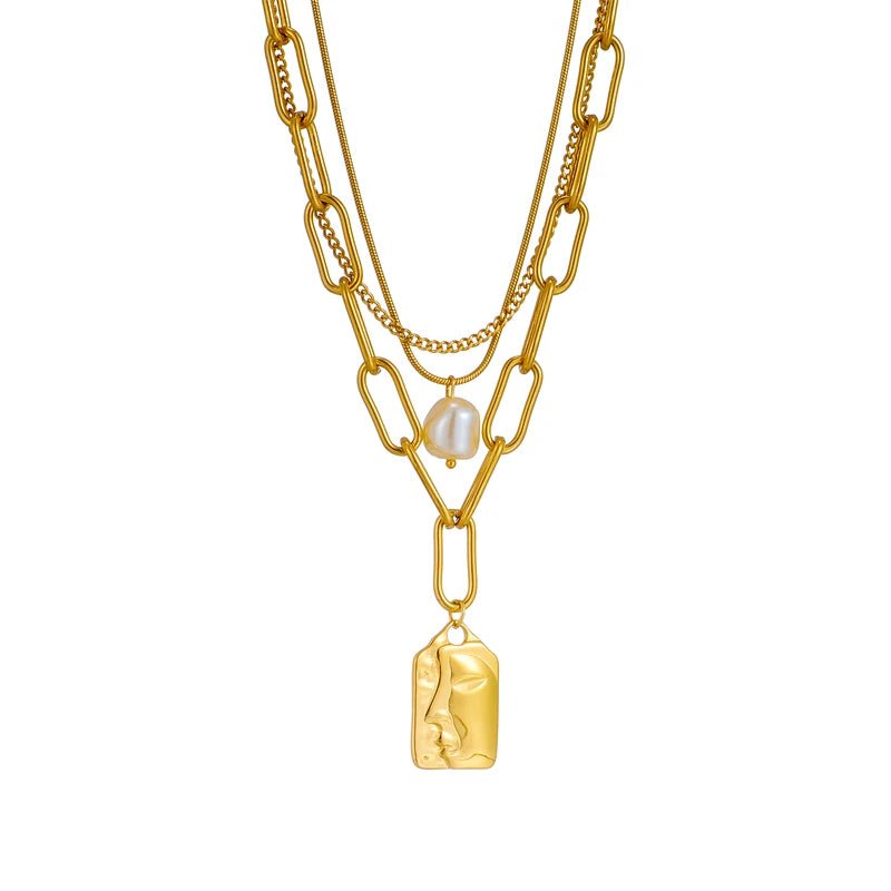 Stainless Steel 3 - Layer Pearl Square Portrait Pendant Necklace For Women - BeeBeeBuys