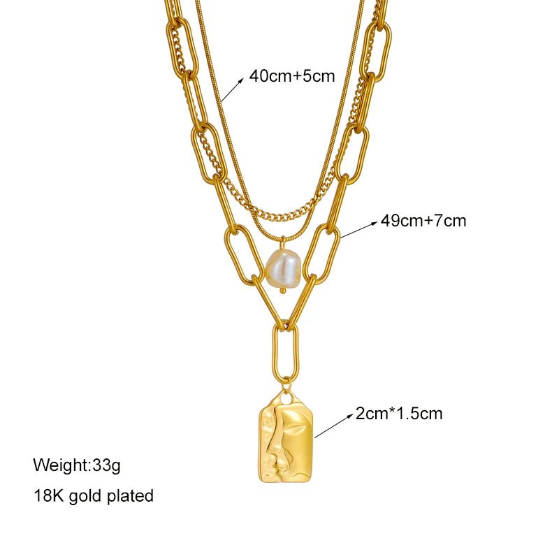 Stainless Steel 3 - Layer Pearl Square Portrait Pendant Necklace For Women - BeeBeeBuys