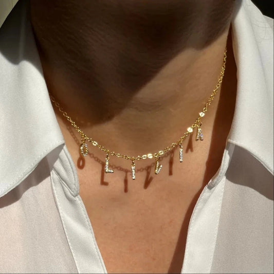 SUNIBI Customized Name Necklace Personalized Zircon Letter Stainless Steel Choker Necklace Pendant Nameplate Gift - BeeBeeBuys