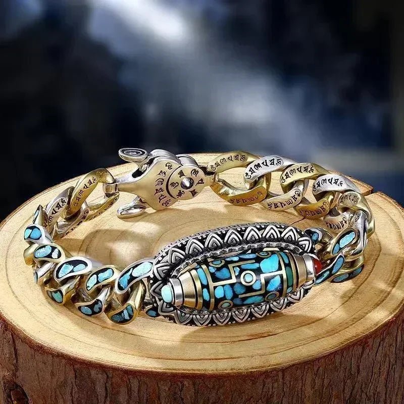 Tibetan Natural Turquoise Mantra Bracelet Rotatable Amulet - BeeBeeBuys
