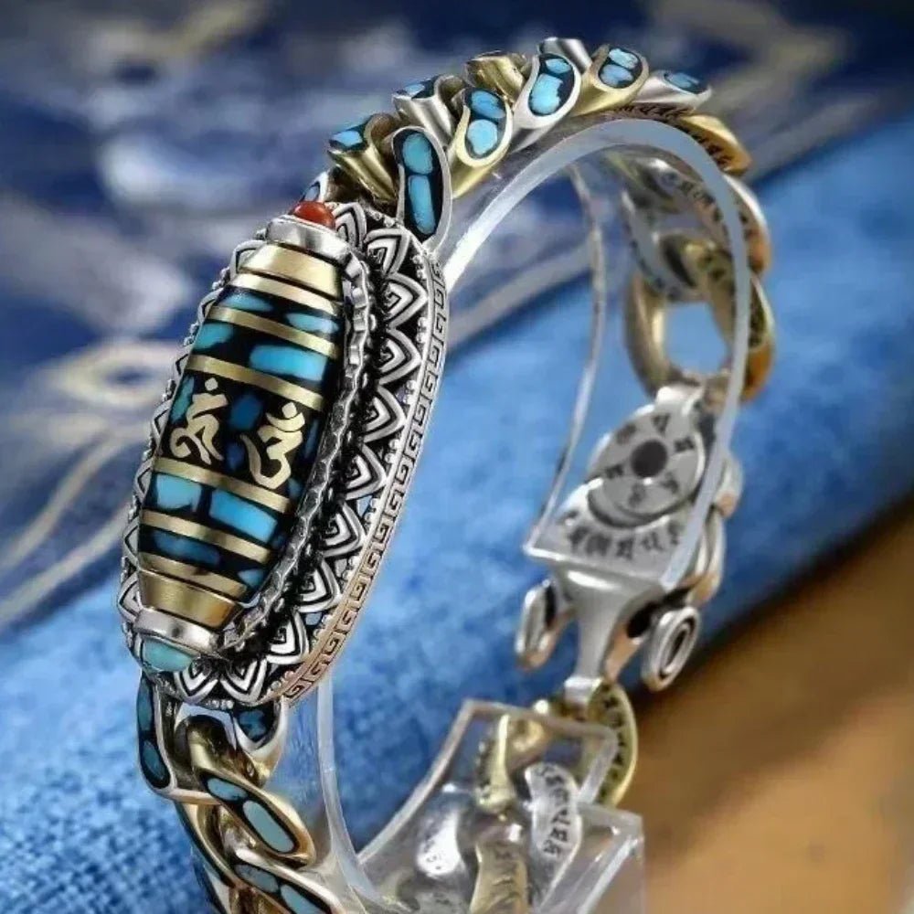 Tibetan Natural Turquoise Mantra Bracelet Rotatable Amulet - BeeBeeBuys