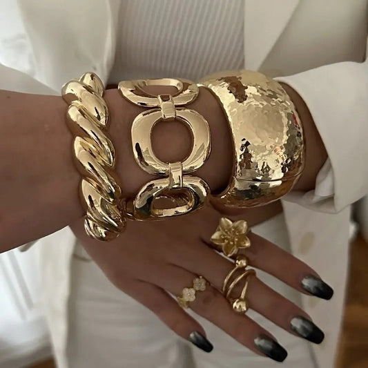 Vintage Metal Alloy Hollow Round Cuff Wide Banglestric Spring Bangles - BOGO 🔥 - BeeBeeBuys