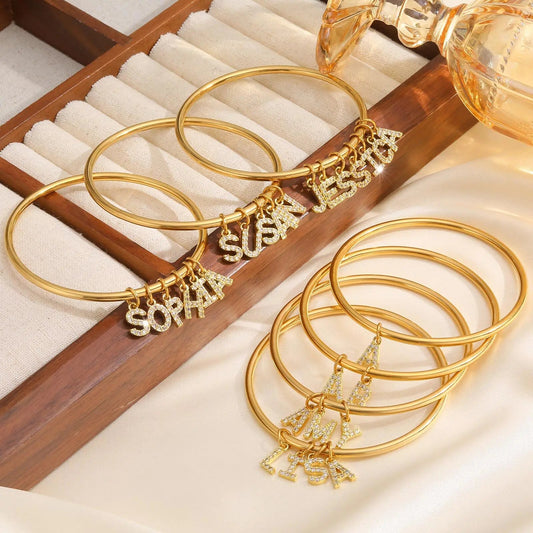 Vnox Personalized Name Bangle – Custom Zircon Charm Bracelet for Women - BeeBeeBuys